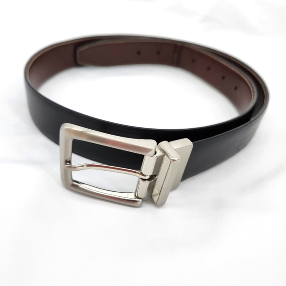 Reversible Mens Genuine Leather Belt Size 36 Dark Brown Black Silver Buckle - Picture 1 of 7